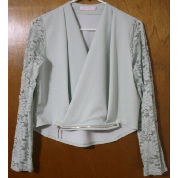 Women's Yingxi Jacket Blouse Sz L Mint Green Lace LS Zipper Detail Unique GUC - Picture 2 of 7
